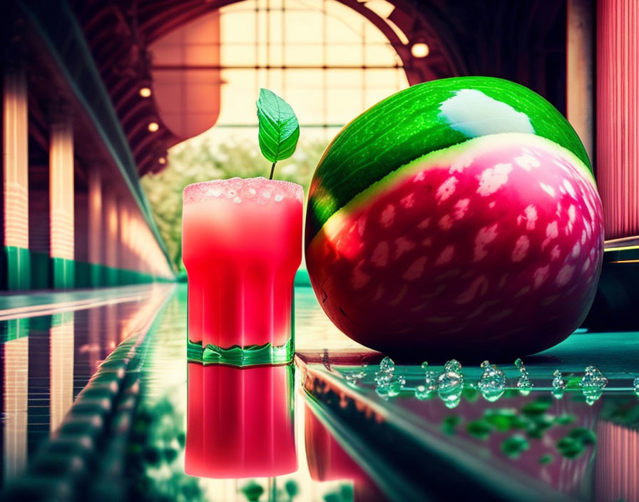 Colorful apple and pink drink on reflective surface with arched background