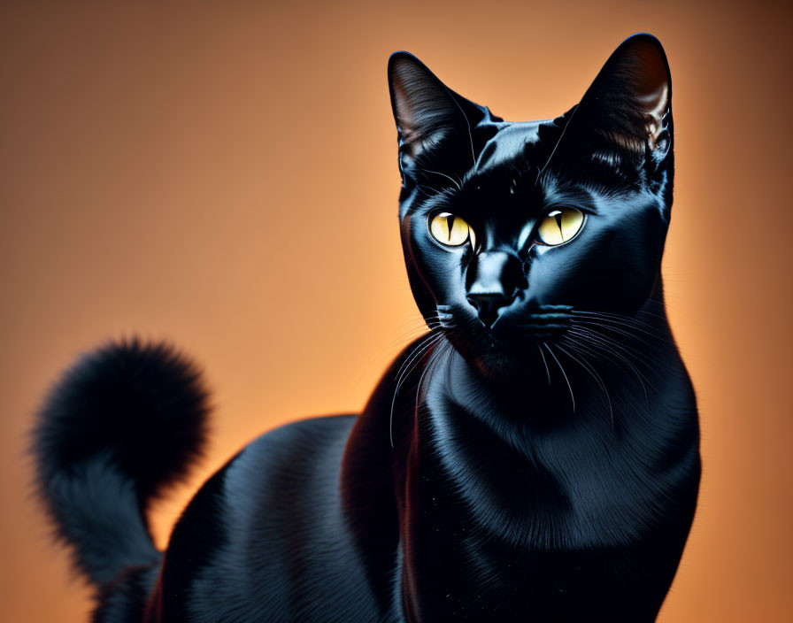 Black Cat with Yellow Eyes on Orange Background