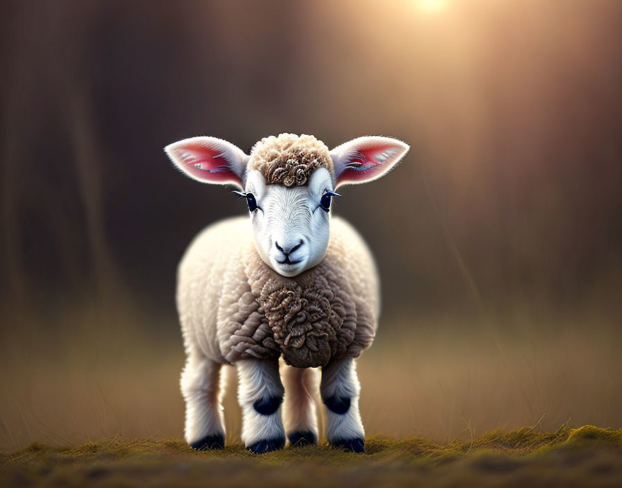 Young sheep in field with warm glowing background and fluffy wool