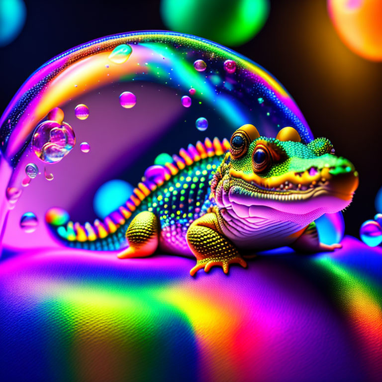 Colorful gecko digital art with soap bubble background - surreal and iridescent.