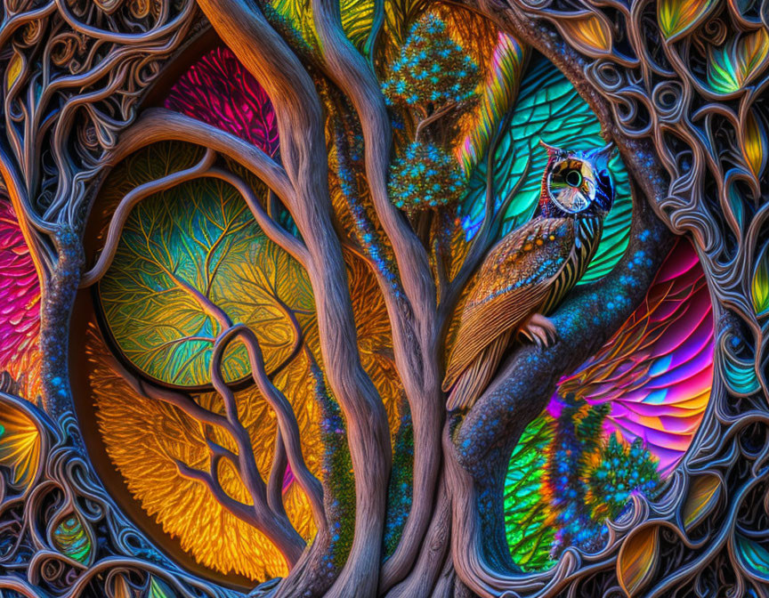 Colorful Fractal Owl Artwork with Twisted Tree and Surrealistic Textures