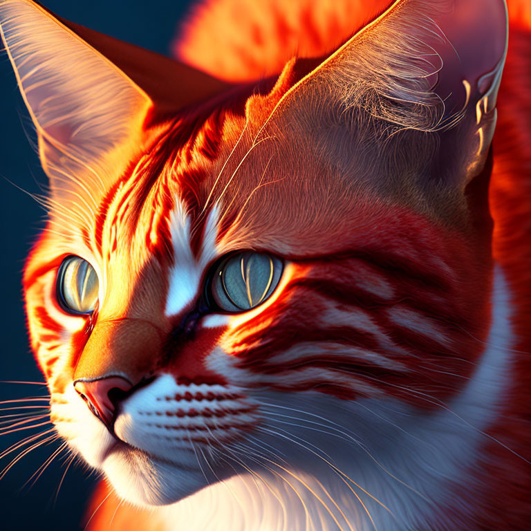 Orange and White Striped Cat with Blue Eyes and Detailed Fur Texture on Dark Blue Background