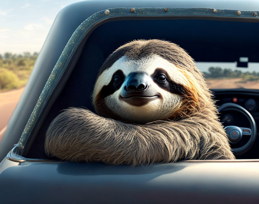 Sloth enjoying sunny day in moving car