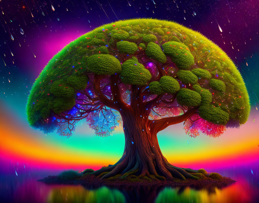 Fantasy illustration of majestic tree under starry sky