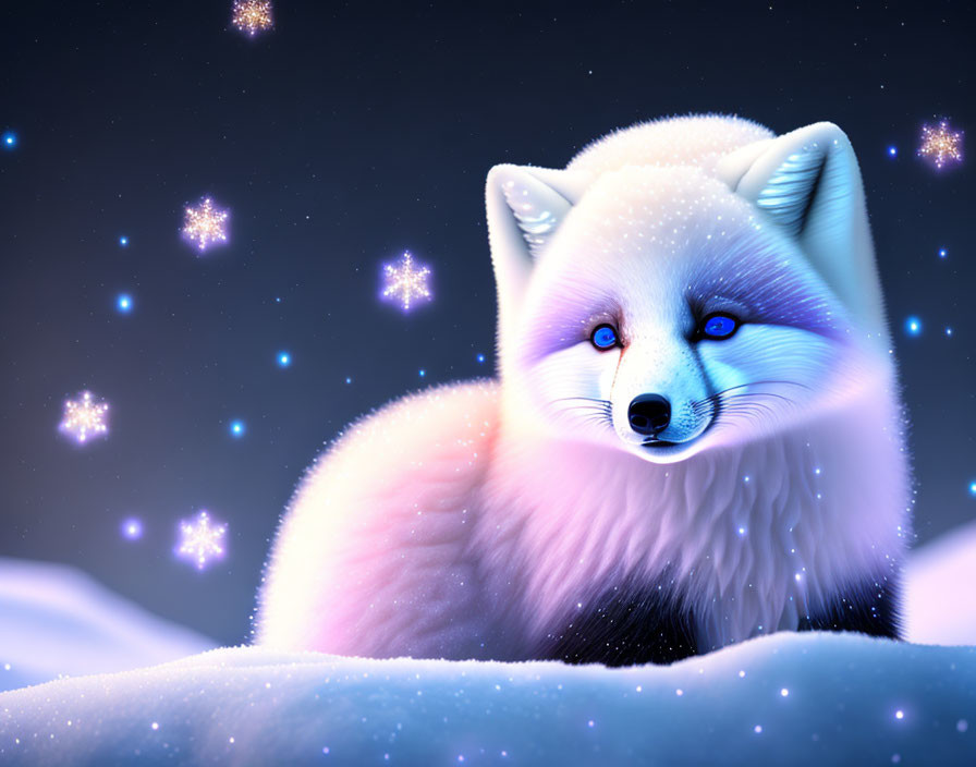 White Fox with Blue Eyes in Snowy Landscape at Night