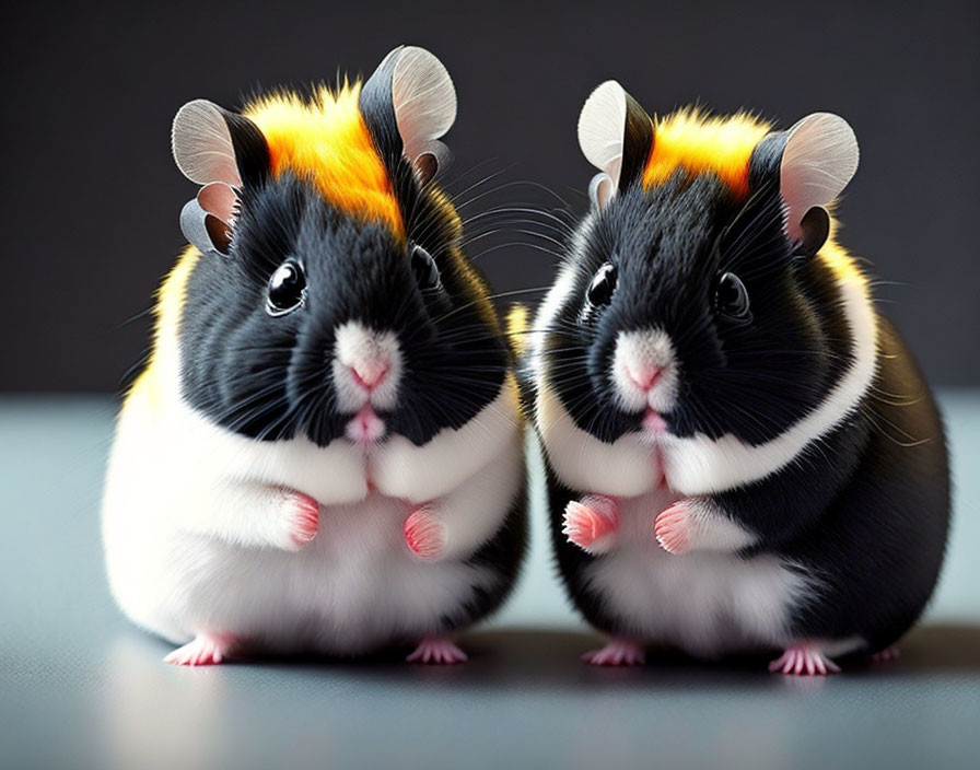 Adorable Black, White, and Orange Guinea Pigs on Gray Background