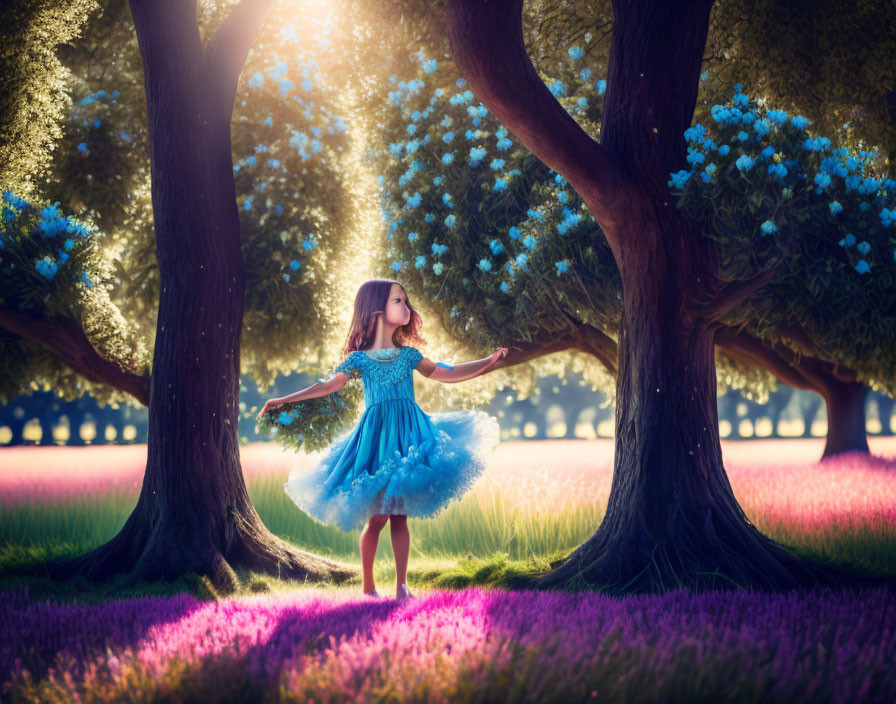 Young girl in blue dress dancing among vibrant trees and purple flora on sunlit field