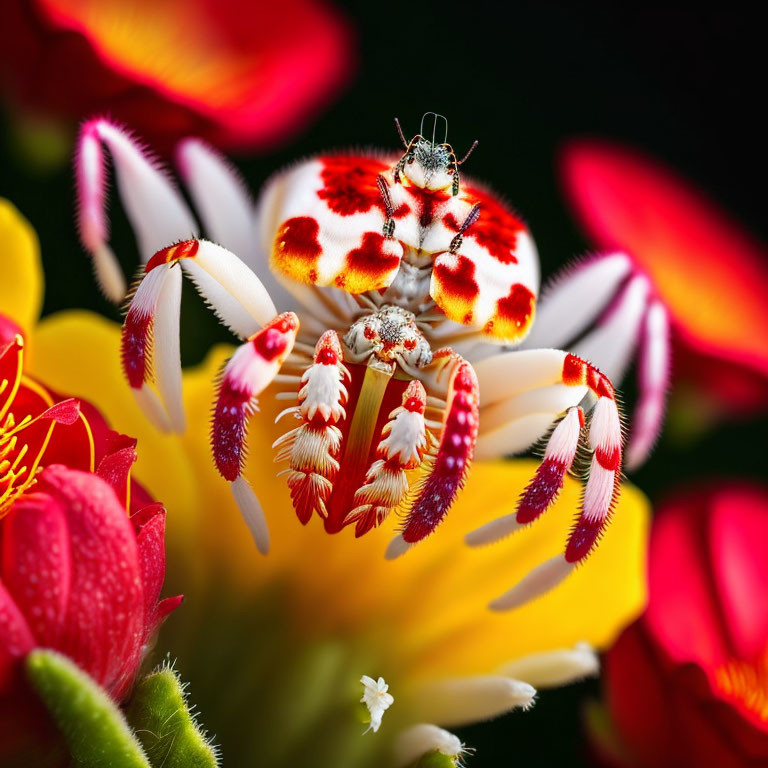 Colorful Crab Spider on Yellow and Pink Flowers with Dark Background