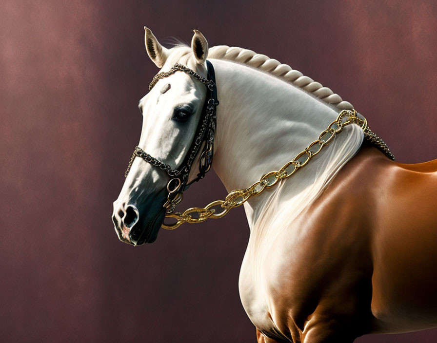 White Horse with Braided Mane and Bridle on Dark Background