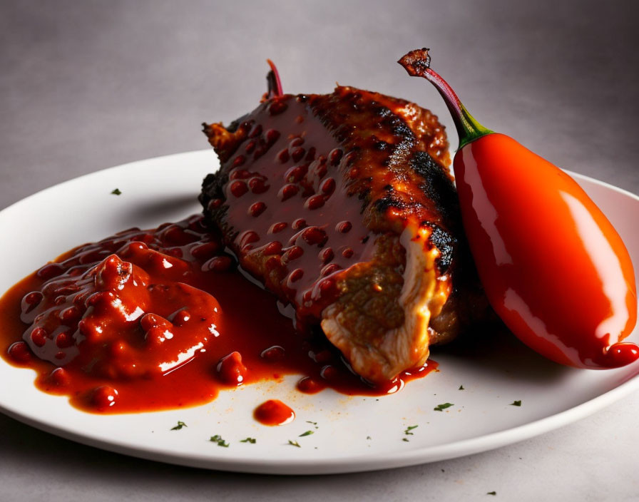 Succulent grilled chicken breast in red sauce with herbs and whole red pepper on white plate
