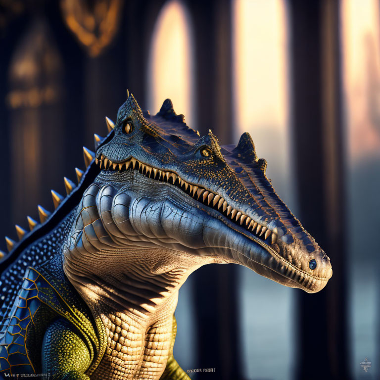 Detailed digital artwork: Two-headed reptilian creature with blue and yellow scales on blurred vertical structure background