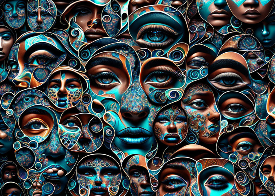 Surreal Faces Mosaic in Teal, Bronze, and Black Palette