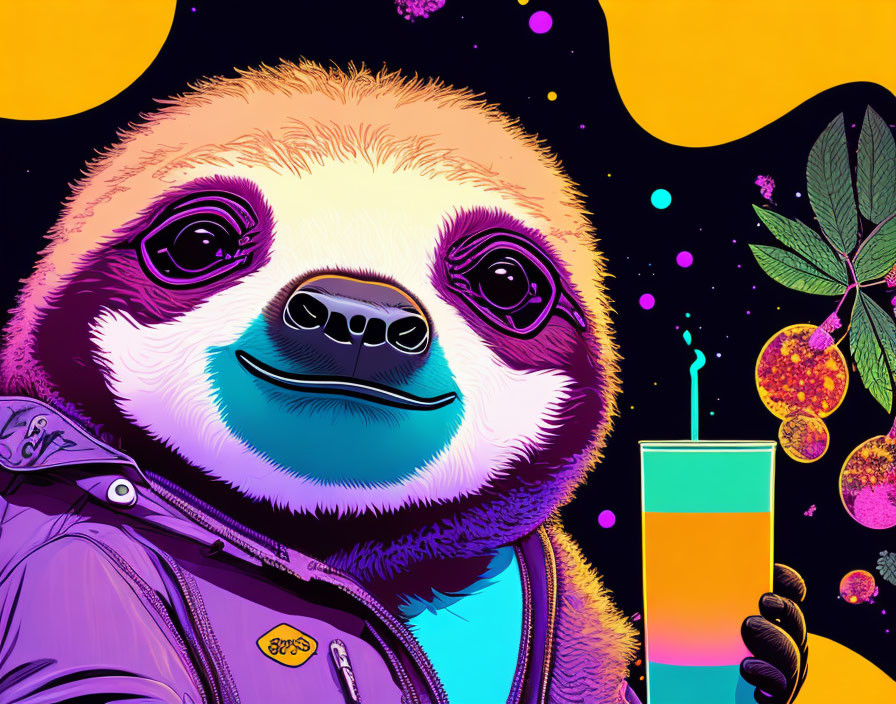 Colorful Sloth Illustration in Jacket with Drink and Cosmic Background