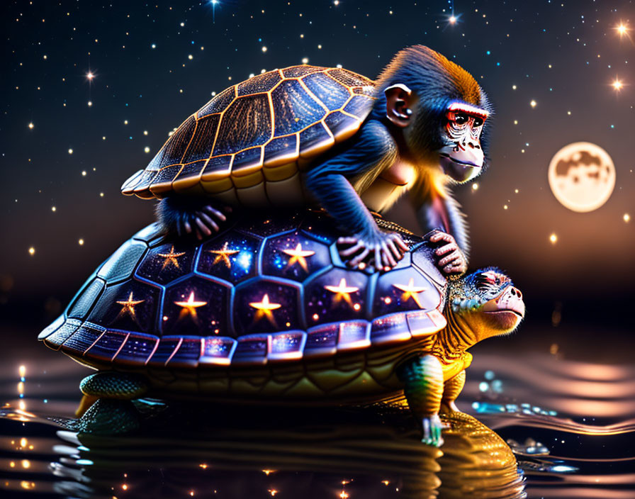 Monkey on Starry-Shelled Turtle in Night Sky with Moon and Stars