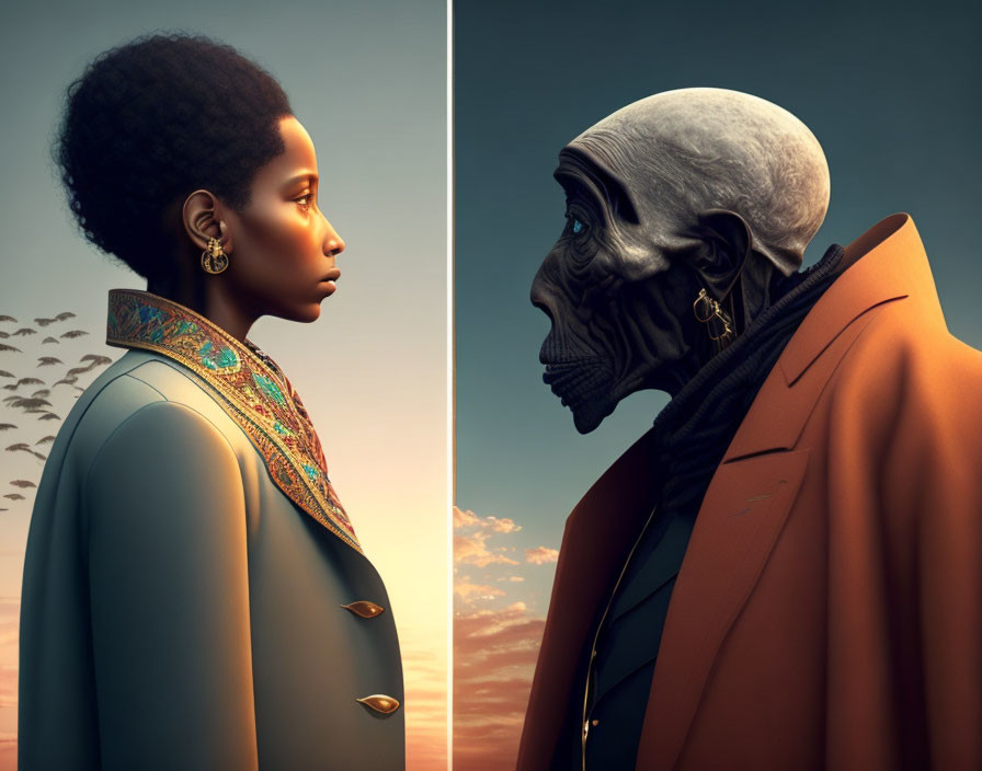 Stylized characters in profile against dusk sky backdrop