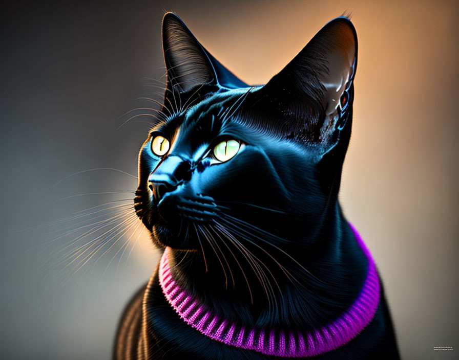 Black Cat with Green Eyes and Purple Collar in Soft-focus Background