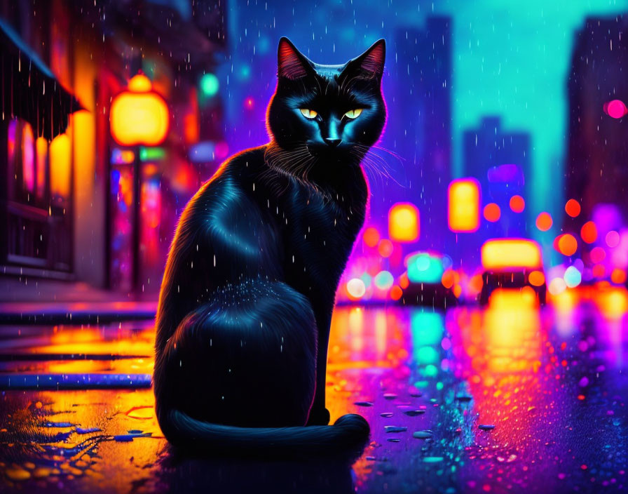 Black cat with yellow eyes on rain-soaked city street at night