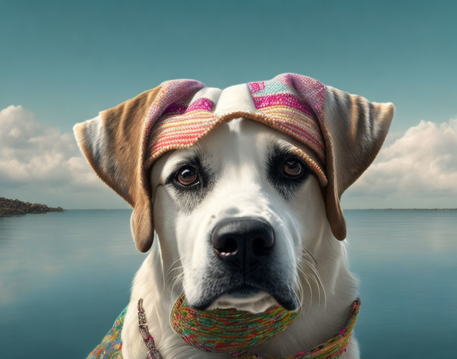 Colorful Bandana and Sunhat Dog Photo by Calm Sea