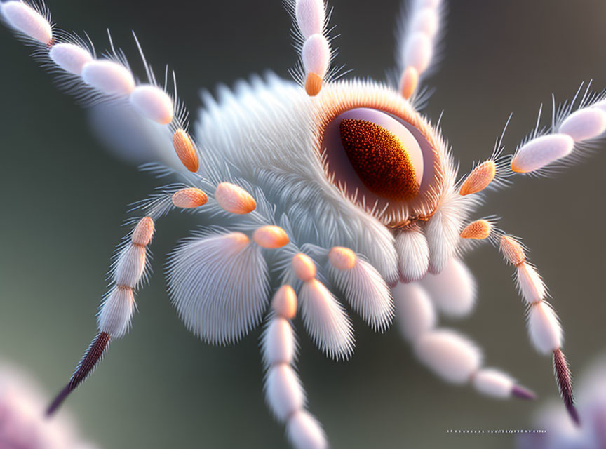 Detailed Close-Up of White Furry Spider with Orange-Tipped Setae