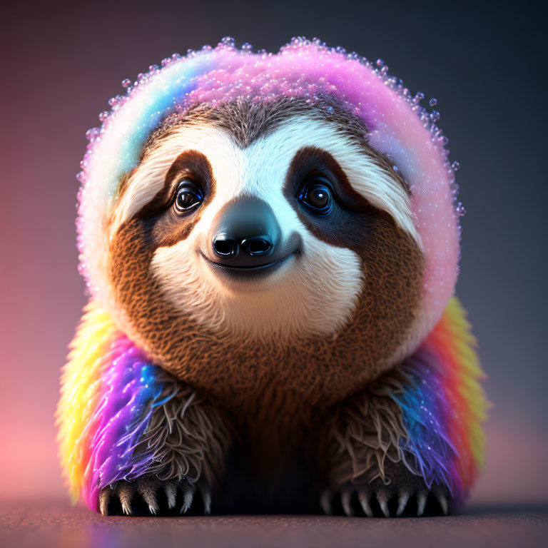 Colorful Digital Illustration of Whimsical Sloth with Rainbow Fur