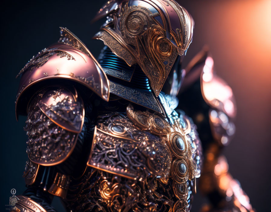 Detailed metallic knight's armor with intricate designs on soft background