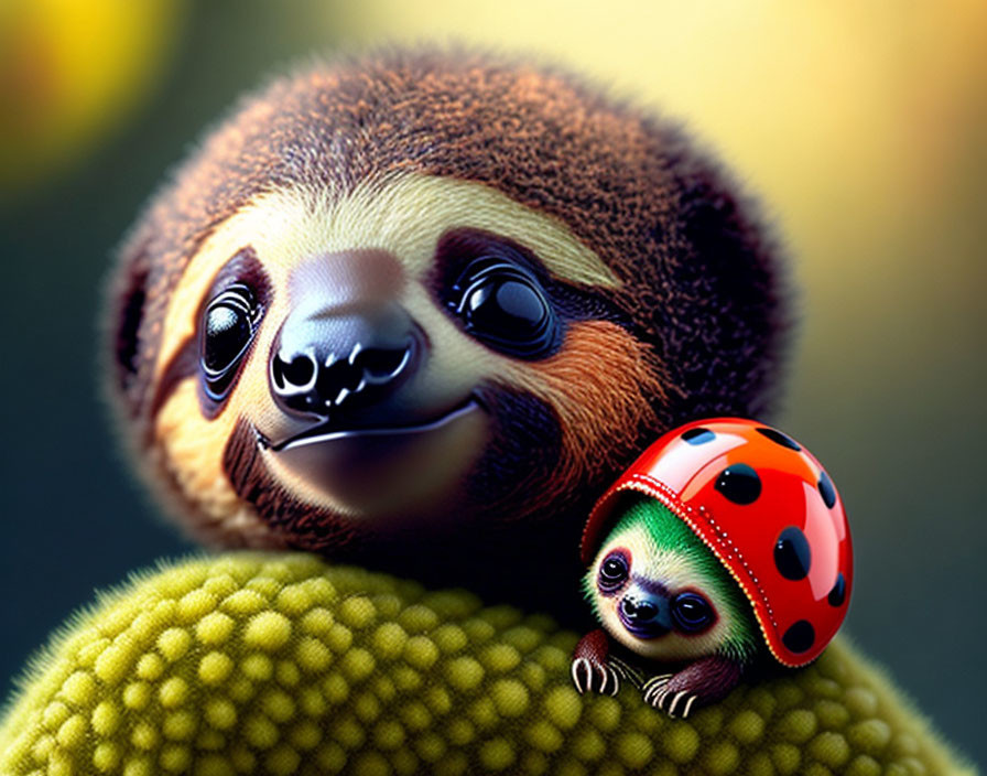 Vibrant adult sloth with baby in ladybug shell illustration