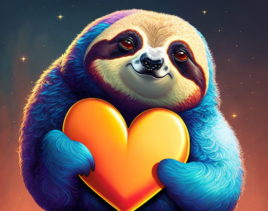 Colorful Sloth Hugging Heart in Starry Night Sky