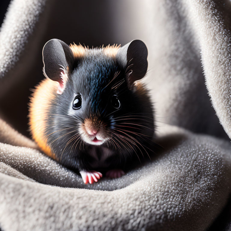 Adorable black-and-golden mouse in gray blanket with tiny paws