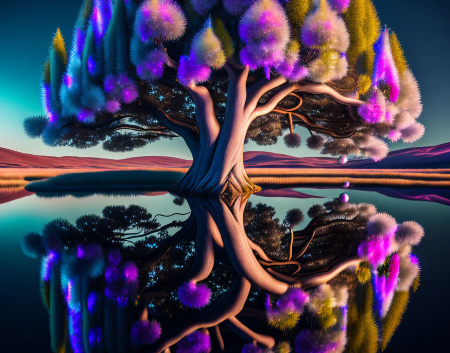 Fantastical tree with purple foliage by reflective surface