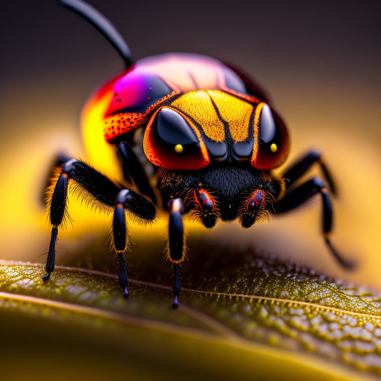 Vibrant colorful beetle on leaf with detailed texture and intricate eyes