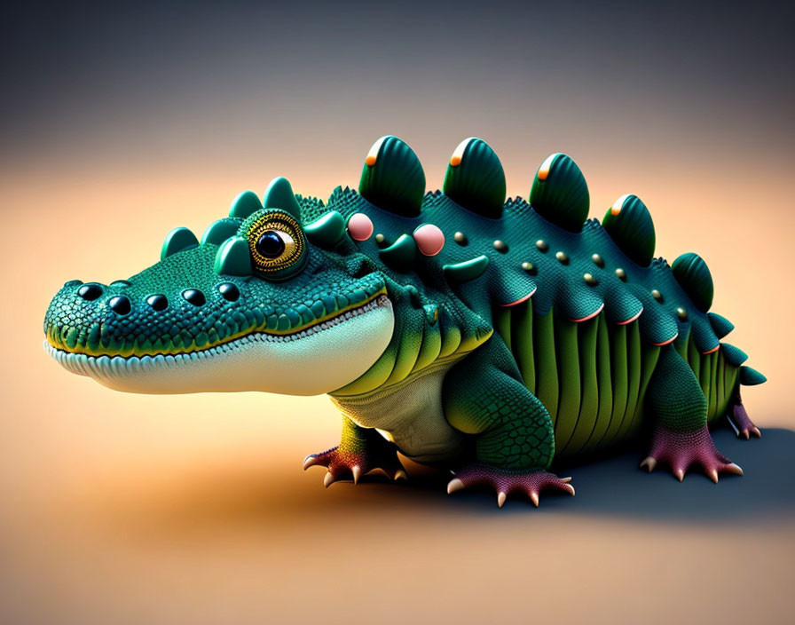 Whimsical cartoon-style crocodile with colorful scales