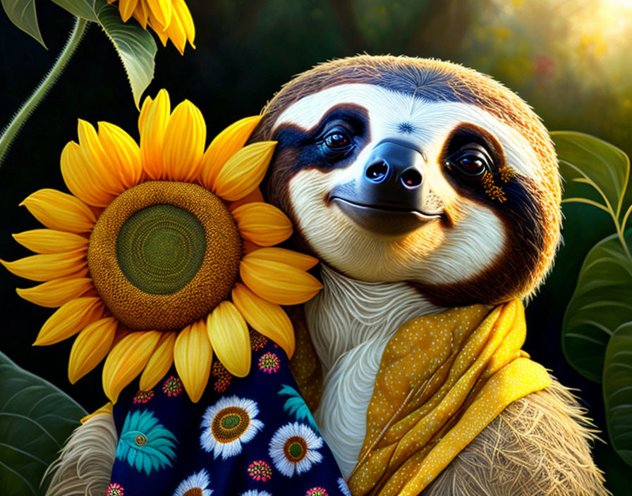 Colorful Illustration: Smiling Sloth with Sunflower, Yellow Scarf, Blue Floral Gar