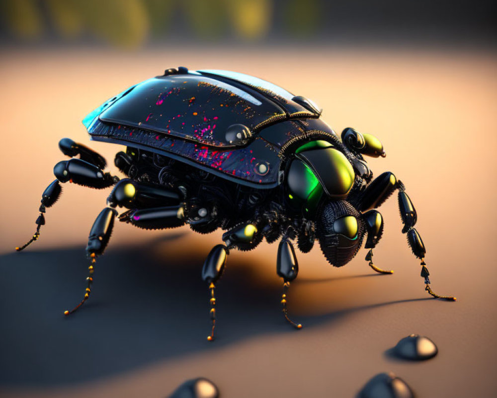 Futuristic robotic beetle with black and blue exoskeleton on sandy surface