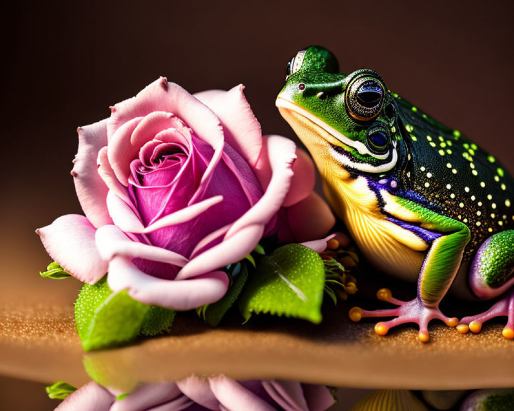 Colorful Frog Next to Pink Rose on Brown Background