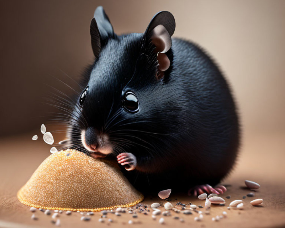 Animated black mouse nibbling grains on warm surface