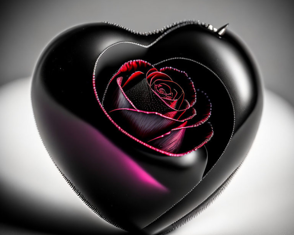 Heart-shaped black object with red rose on blurred background