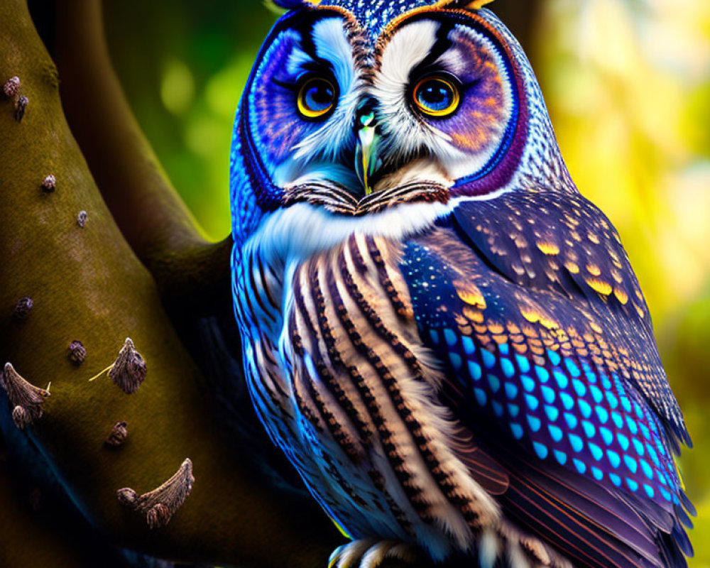 Colorful Owl with Blue Feathers and Yellow Eyes in Forest Setting