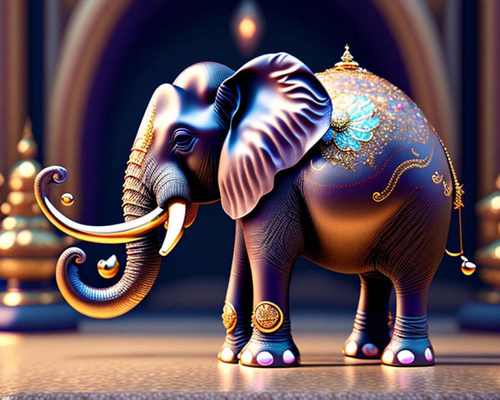 Ornately decorated elephant with jeweled cover and gold accents before arched doorway