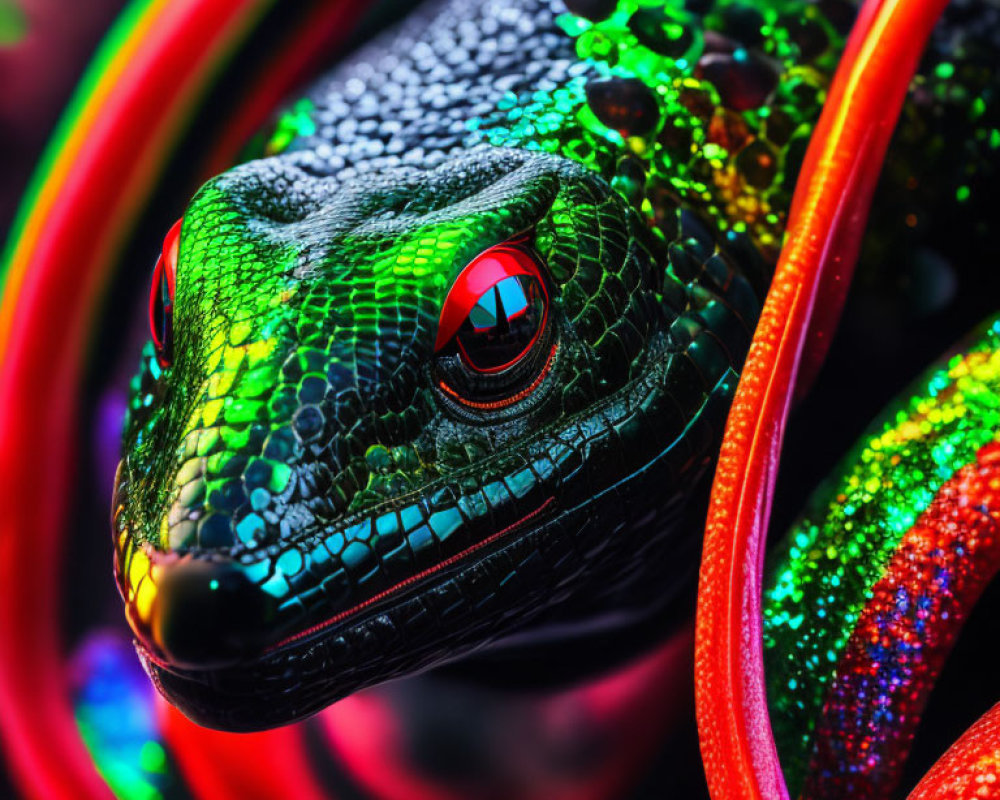 Green lizard head with red eyes in colorful lights