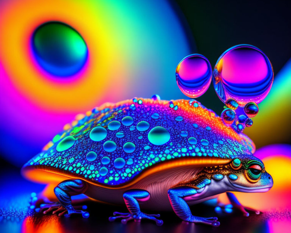 Colorful Digital Artwork: Stylized Frog with Water Droplets in Bright Circles