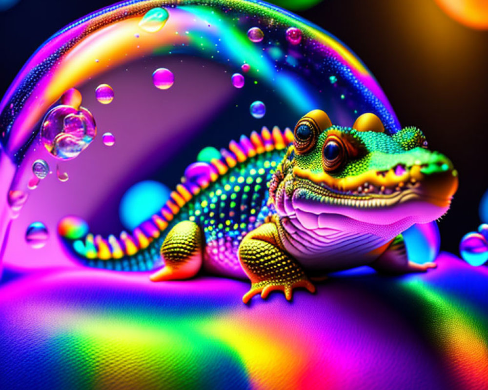 Colorful gecko digital art with soap bubble background - surreal and iridescent.