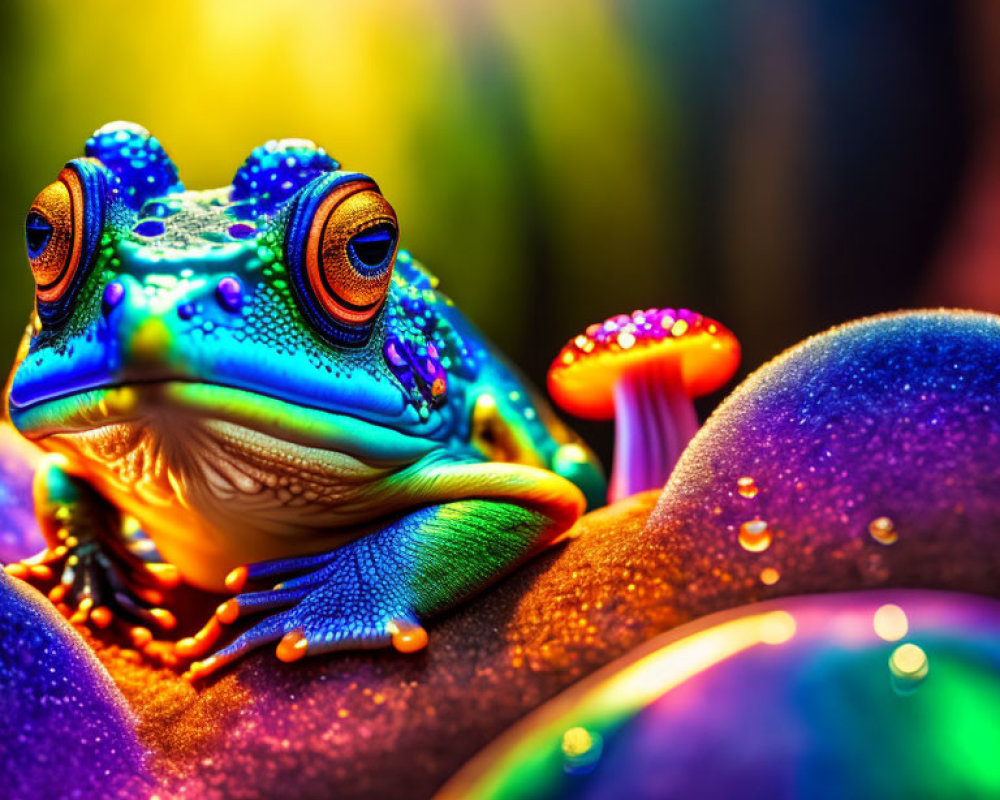 Colorful Frog with Blue Skin and Orange Eyes on Multicolored Bubbles, Rainbows, and