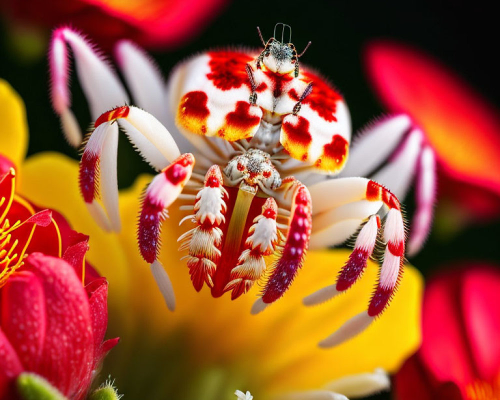 Colorful Crab Spider on Yellow and Pink Flowers with Dark Background