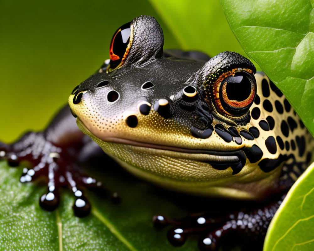 Colorful Frog with Intricate Patterns on Vibrant Green Leaf