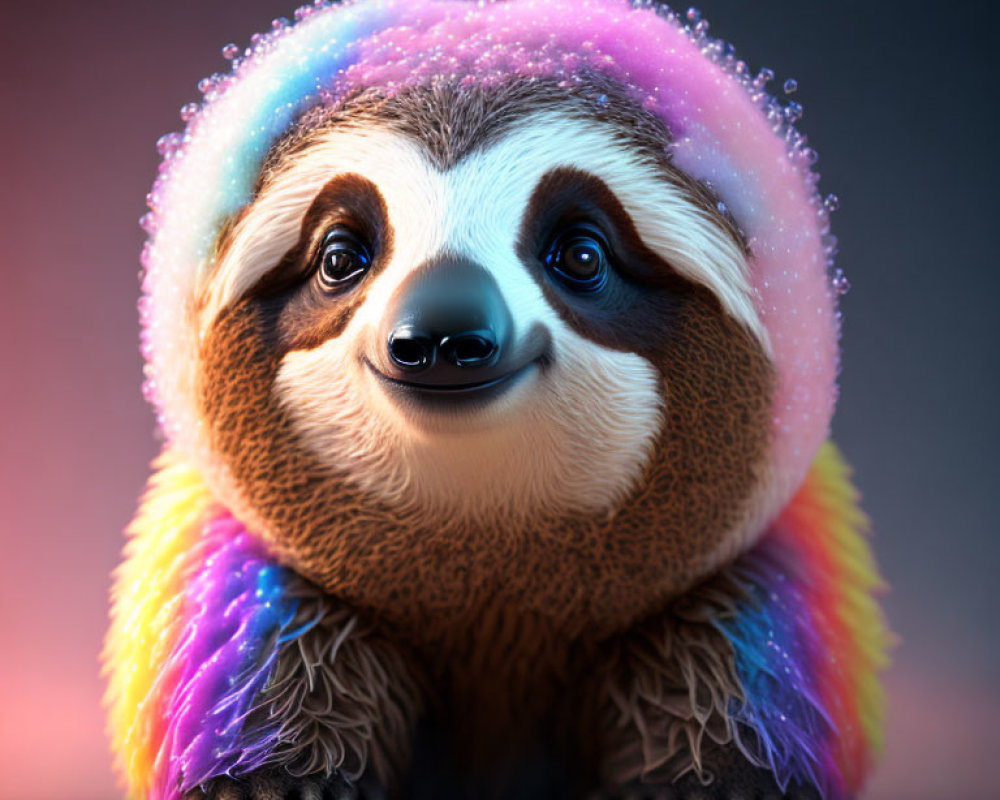 Colorful Digital Illustration of Whimsical Sloth with Rainbow Fur