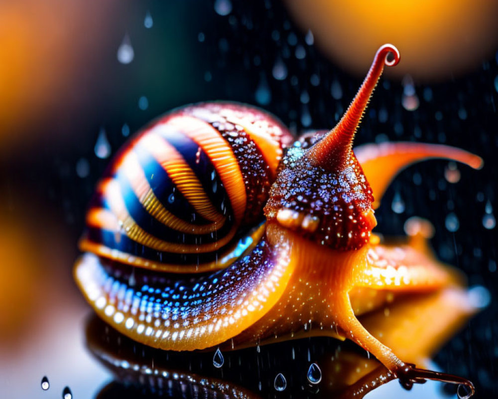 Colorful Striped Shell Snail on Reflective Surface with Water Droplets and Bokeh Lights