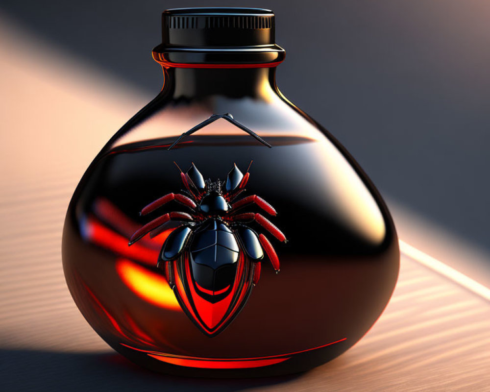 Black Ink Bottle with Red Spider Design on Gradient Background