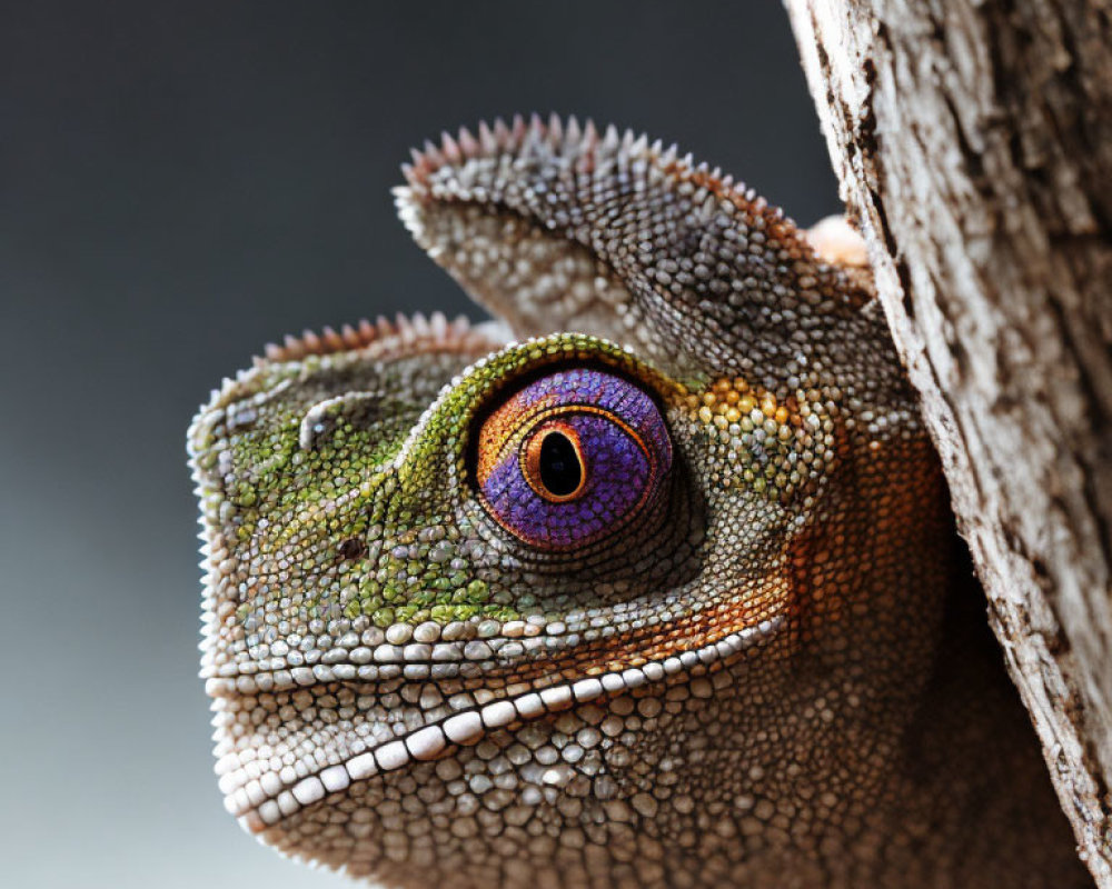 Detailed Close-Up of Vibrant Chameleon Peeking from Tree