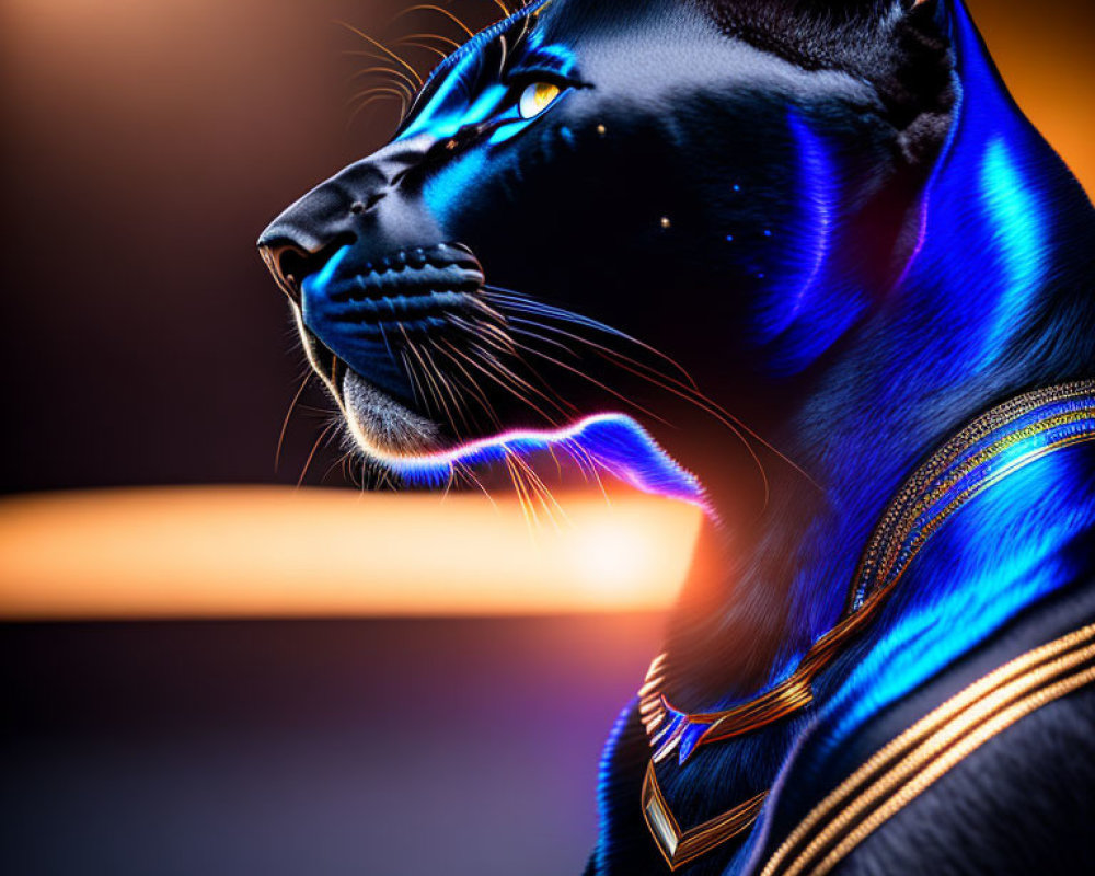 Stylized digital artwork: Black panther with blue lighting and golden aura