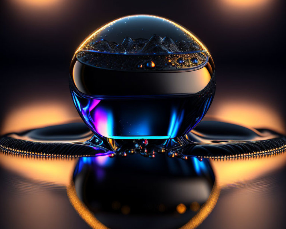 Shiny reflective sphere with sparkling elements on vibrant background